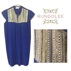 Rungolee blue beaded shift dress gold pearl silk cobalt blue mini dress size XS